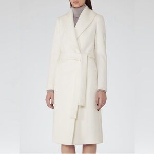 REISS Enna Wool Cashmere Cream White Belted Long Winter Coat Size 10